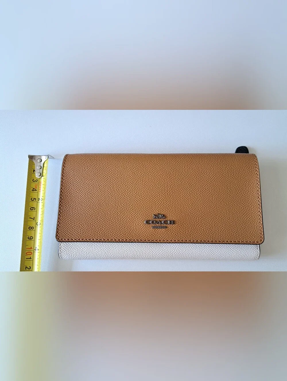 Coach Two-Tone Pebbled Leather Wallet — Tan and White
